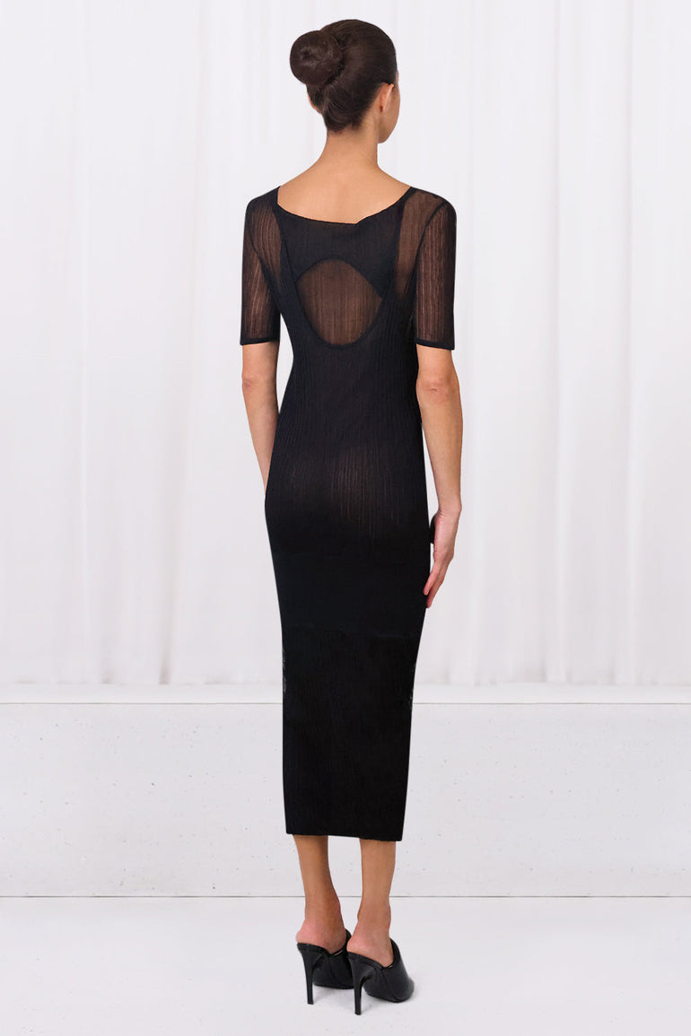 BOTTEGA VENETA RTW SHEER RIB KNIT DRESS | BLACK
