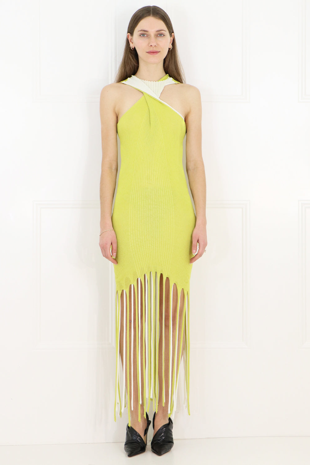 BOTTEGA VENETA RTW TWIST BACK FRINGE DRESS ACID