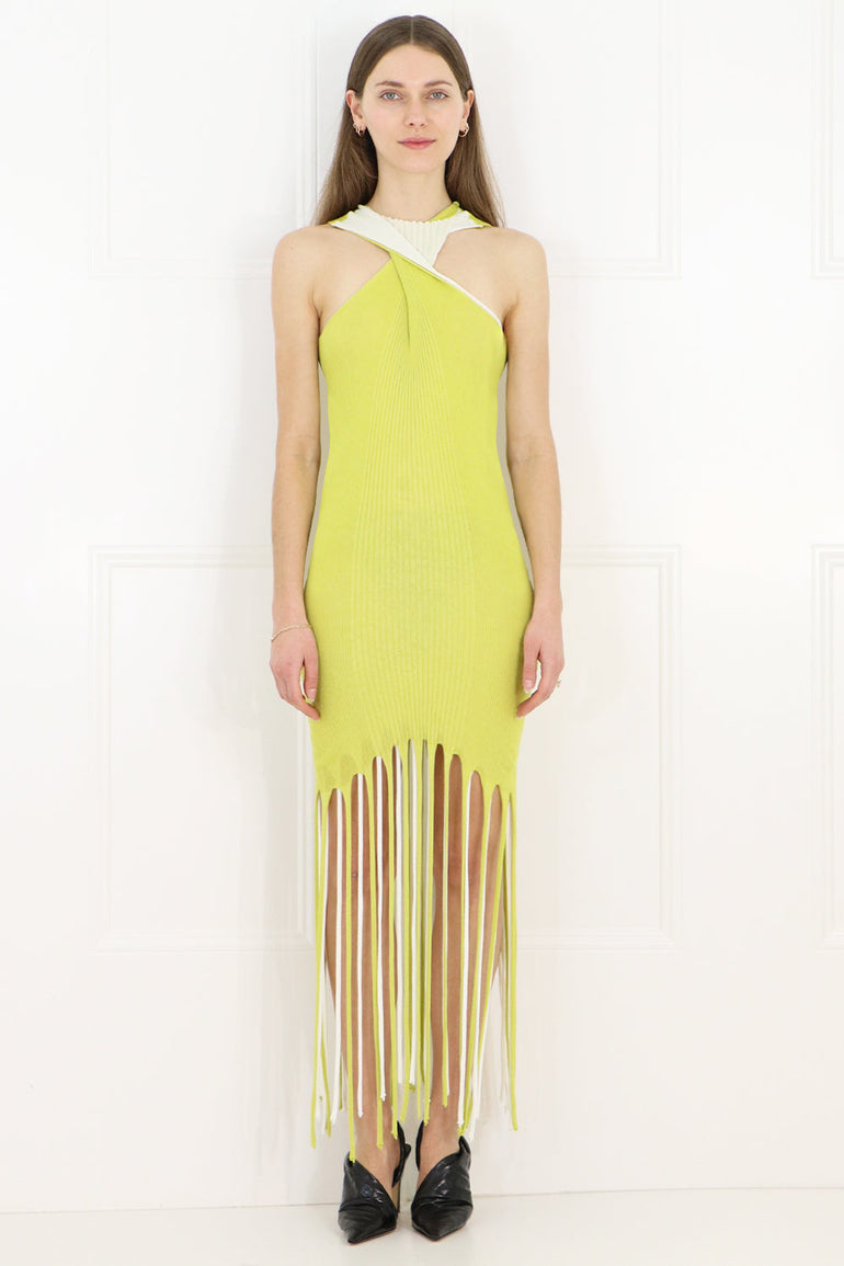 BOTTEGA VENETA RTW TWIST BACK FRINGE DRESS ACID