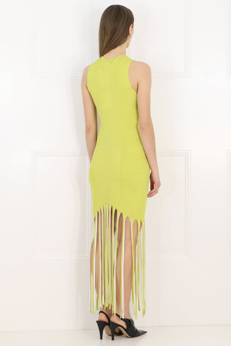 BOTTEGA VENETA RTW TWIST BACK FRINGE DRESS ACID