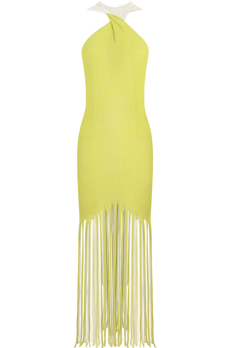 BOTTEGA VENETA RTW TWIST BACK FRINGE DRESS ACID