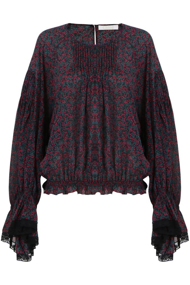 CHLOE RTW MULTI / FR34 BELL SLEEVE CHERRY PRINT BLOUSE CRIMSON/BLACK