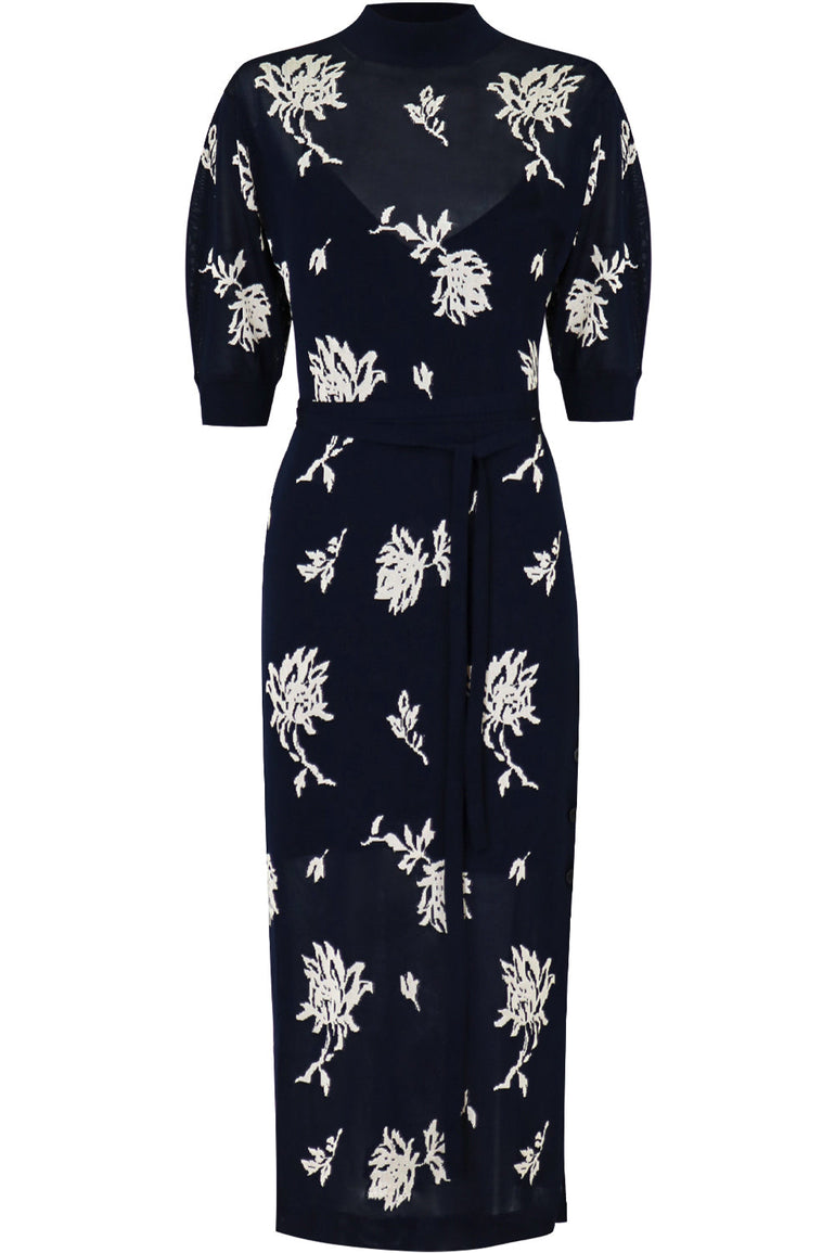 CHLOE RTW FLORAL JACQUARD DRESS S/S NAVY