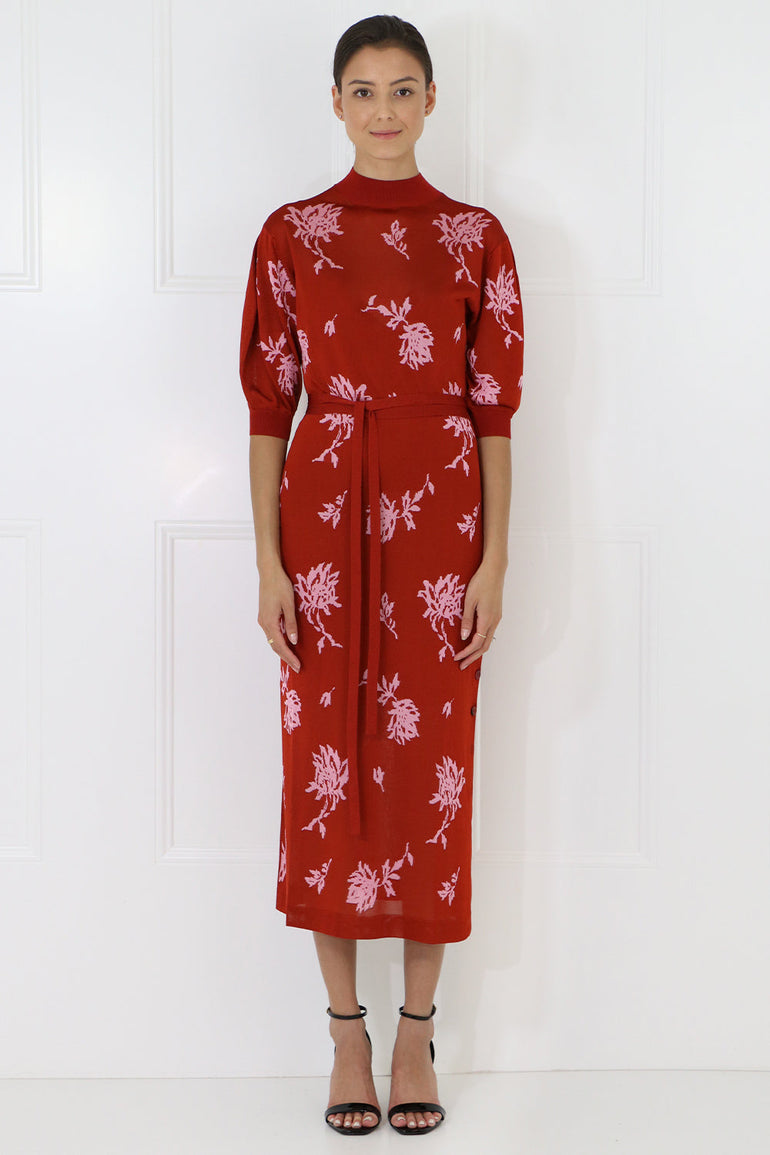 CHLOE RTW FLORAL JACQUARD DRESS S/S RED