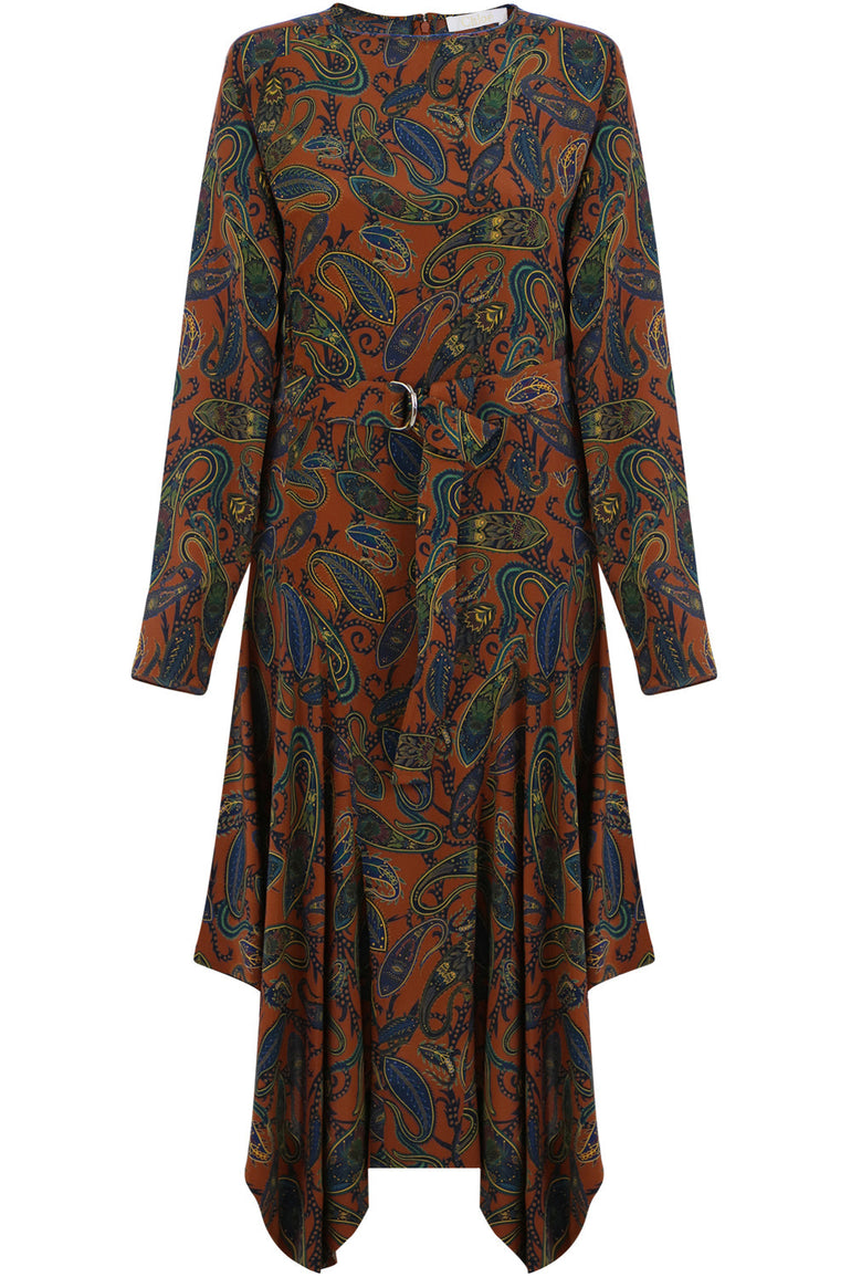 CHLOE RTW PAISLEY PRINT MIDI DRESS L/S RUST
