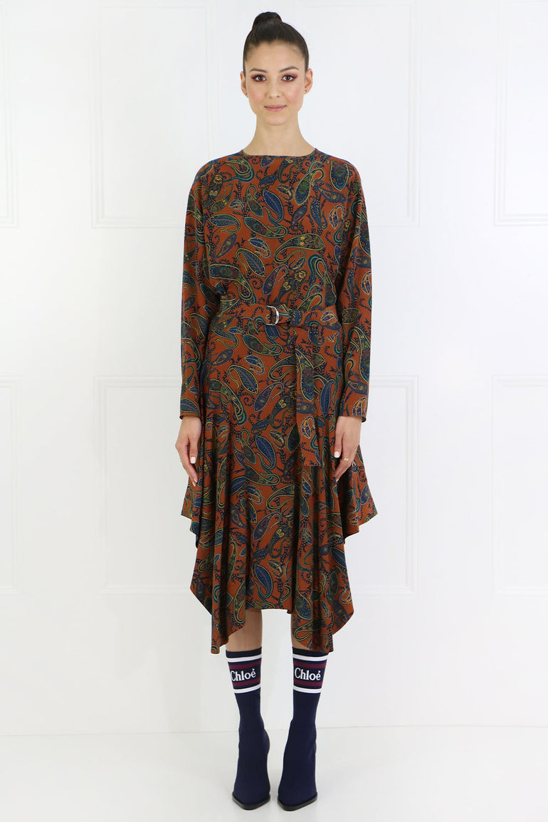CHLOE RTW PAISLEY PRINT MIDI DRESS L/S RUST