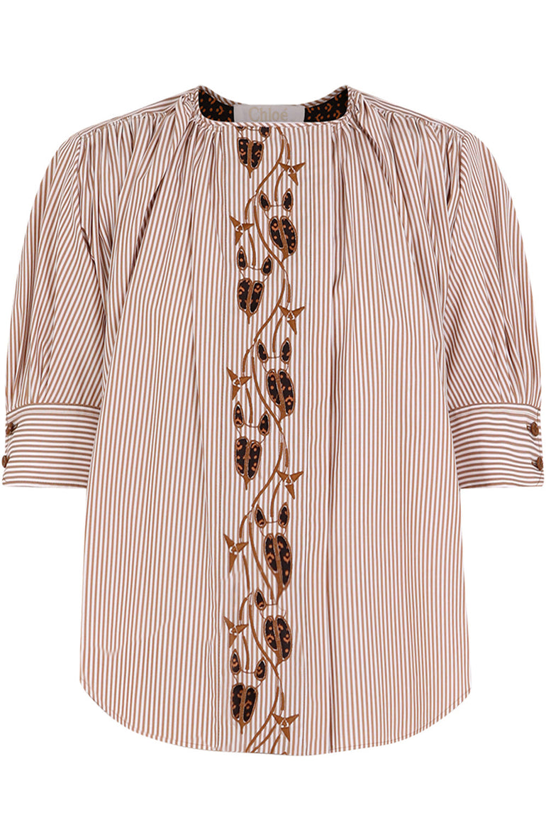 CHLOE RTW STRIPED EMBROIDERED BLOUSE WHITE/BEIGE
