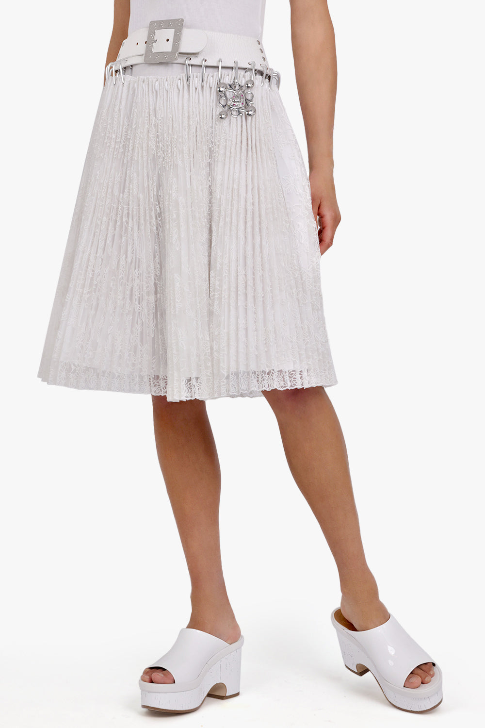 CHOPOVA LOWENA RTW Laysin Lace Knee Length Carabiner Skirt | White