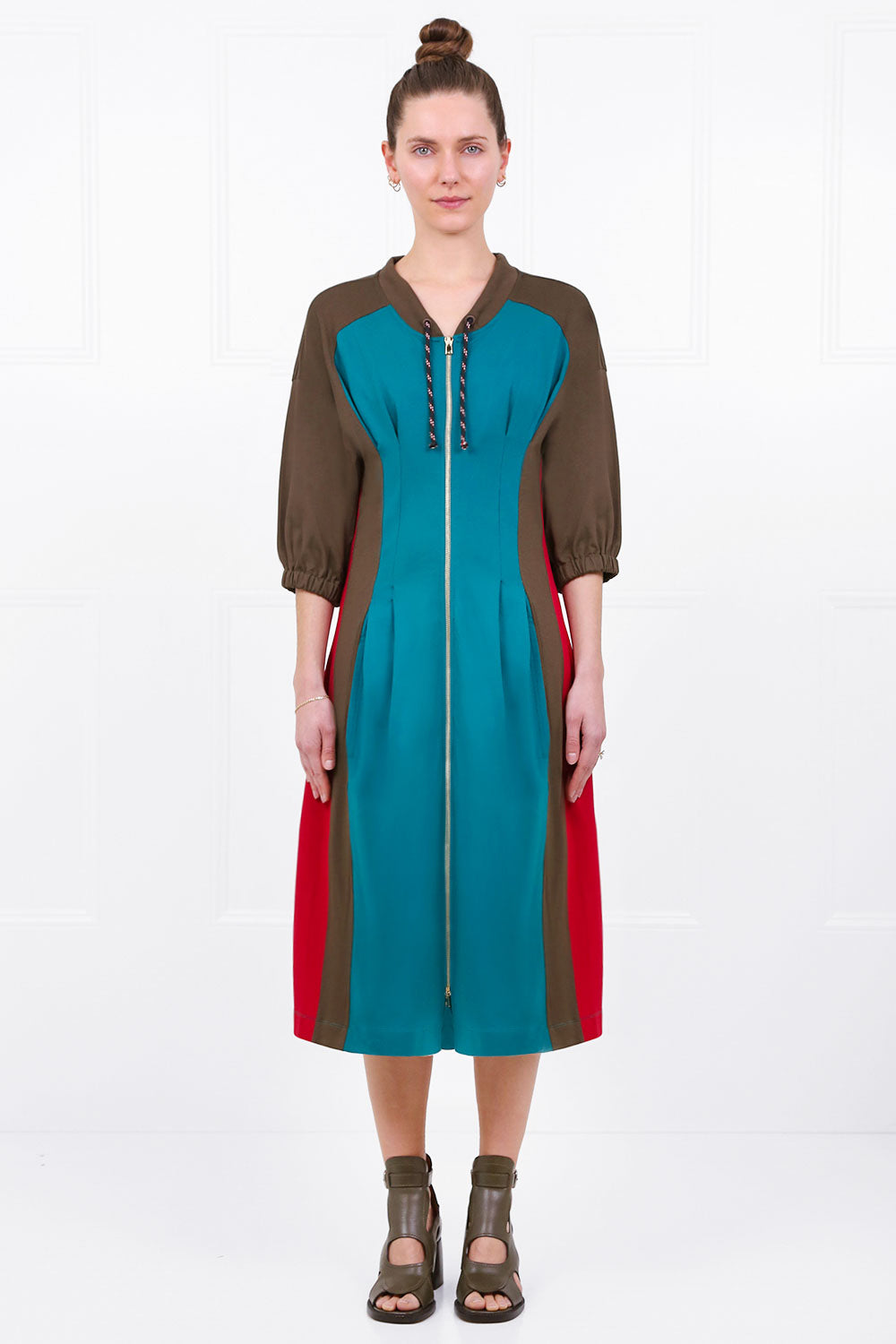 COLVILLE RTW KICKER DRESS 3/4SL PETROLEUM/KHAKI/RED