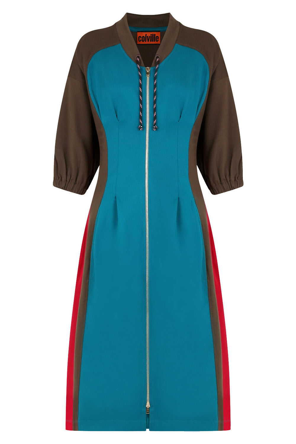 COLVILLE RTW KICKER DRESS 3/4SL PETROLEUM/KHAKI/RED