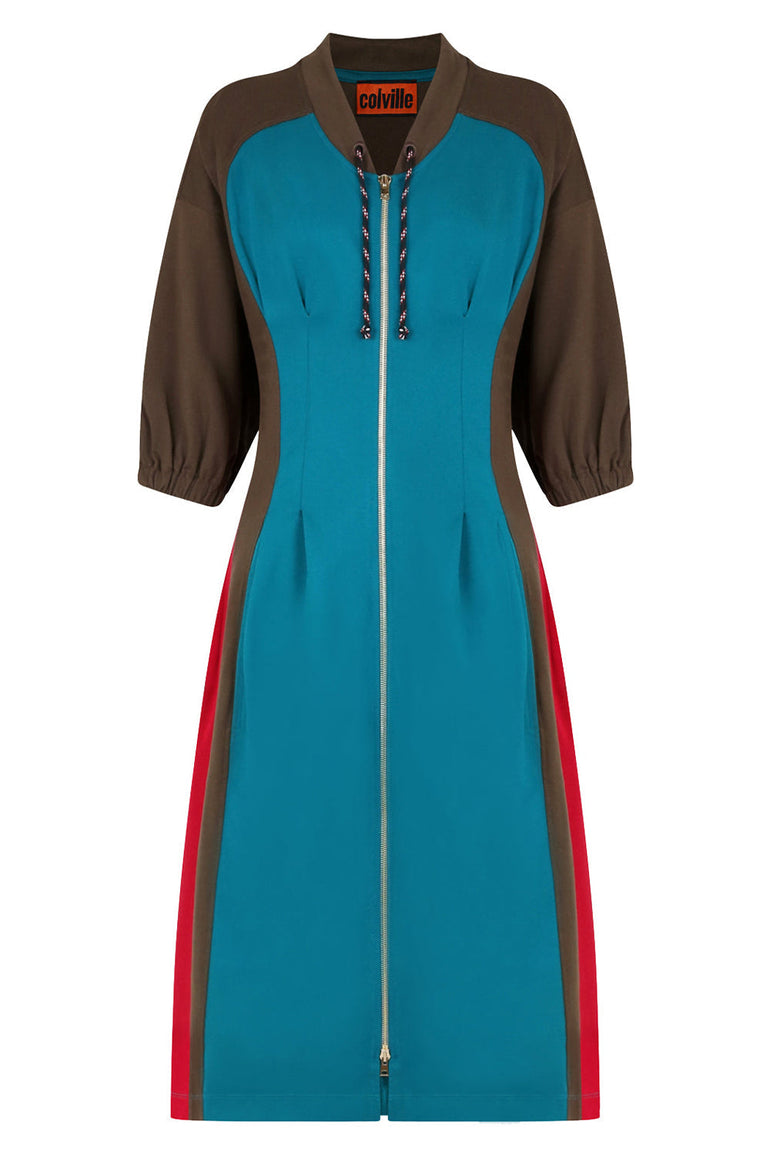 COLVILLE RTW KICKER DRESS 3/4SL PETROLEUM/KHAKI/RED