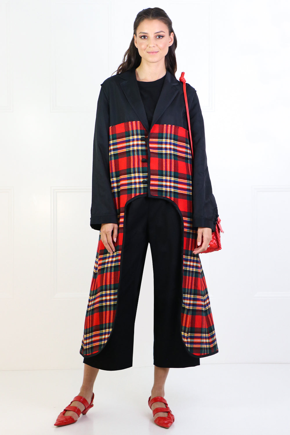 COMME DES GARCONS NOIR KEI NINOMIYA RTW NOIR TARTAN LONG COAT BLACK/RED