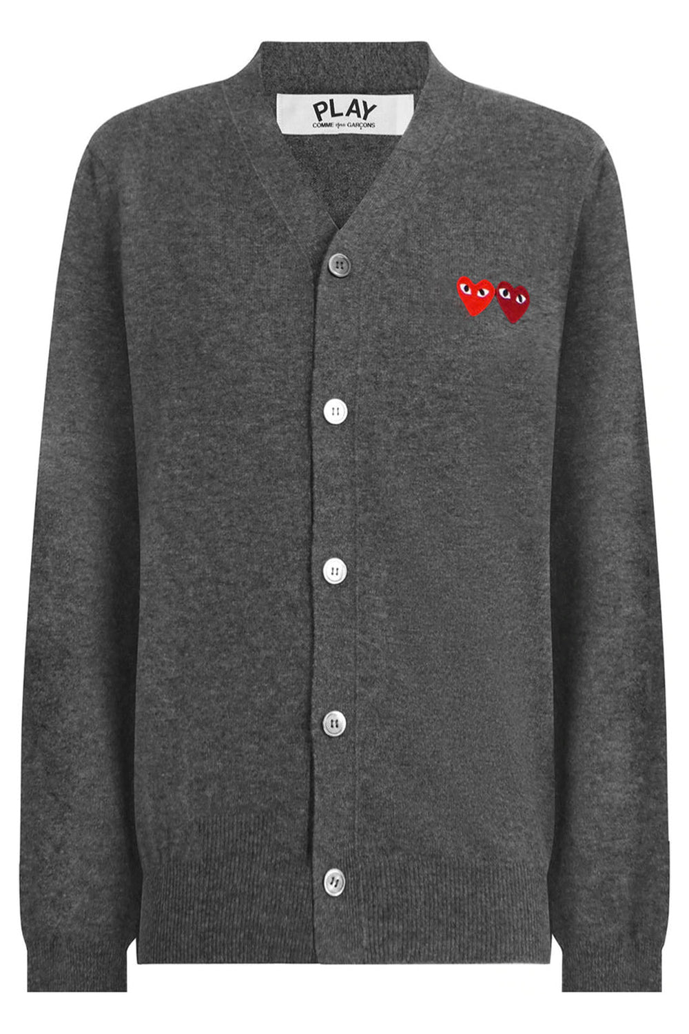 COMME DES GARCONS PLAY RTW PLAY MENS V-NECK DOUBLE HEART CARDIGAN | GREY/RED HEARTS