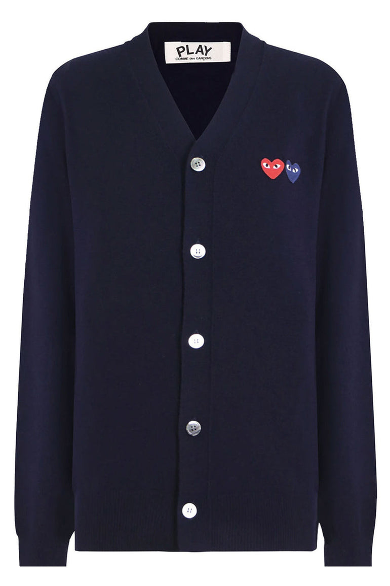 COMME DES GARCONS PLAY RTW PLAY MENS V-NECK DOUBLE HEART CARDIGAN | NAVY/RED&BLUE HEARTS