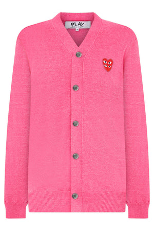 COMME DES GARCONS PLAY RTW PLAY MENS V-NECK DOUBLE HEART CARDIGAN | PINK/RED HEART