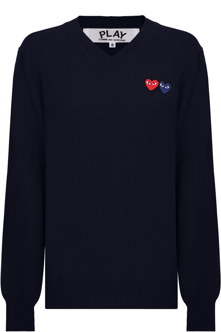 COMME DES GARCONS PLAY RTW PLAY MENS V-NECK DOUBLE HEART KNIT | NAVY/RED&BLUE HEARTS