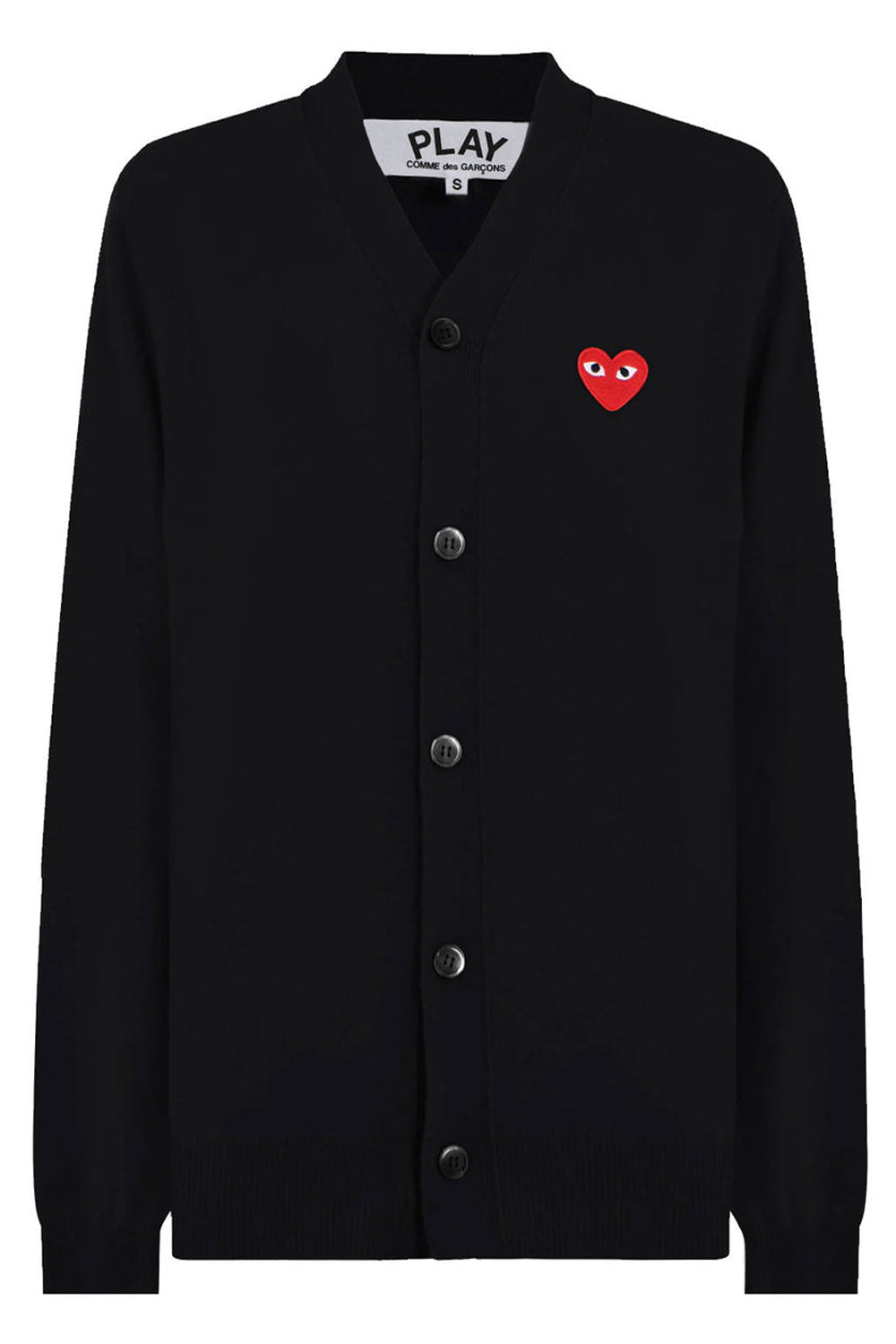 COMME DES GARCONS PLAY RTW PLAY MENS V-NECK SINGLE HEART CARDIGAN | BLACK/RED HEART