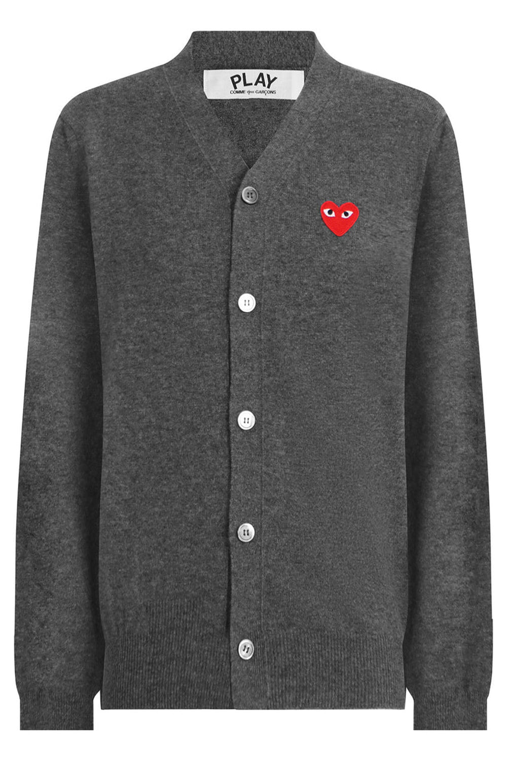 COMME DES GARCONS PLAY RTW PLAY MENS V-NECK SINGLE HEART CARDIGAN | GREY/RED HEART