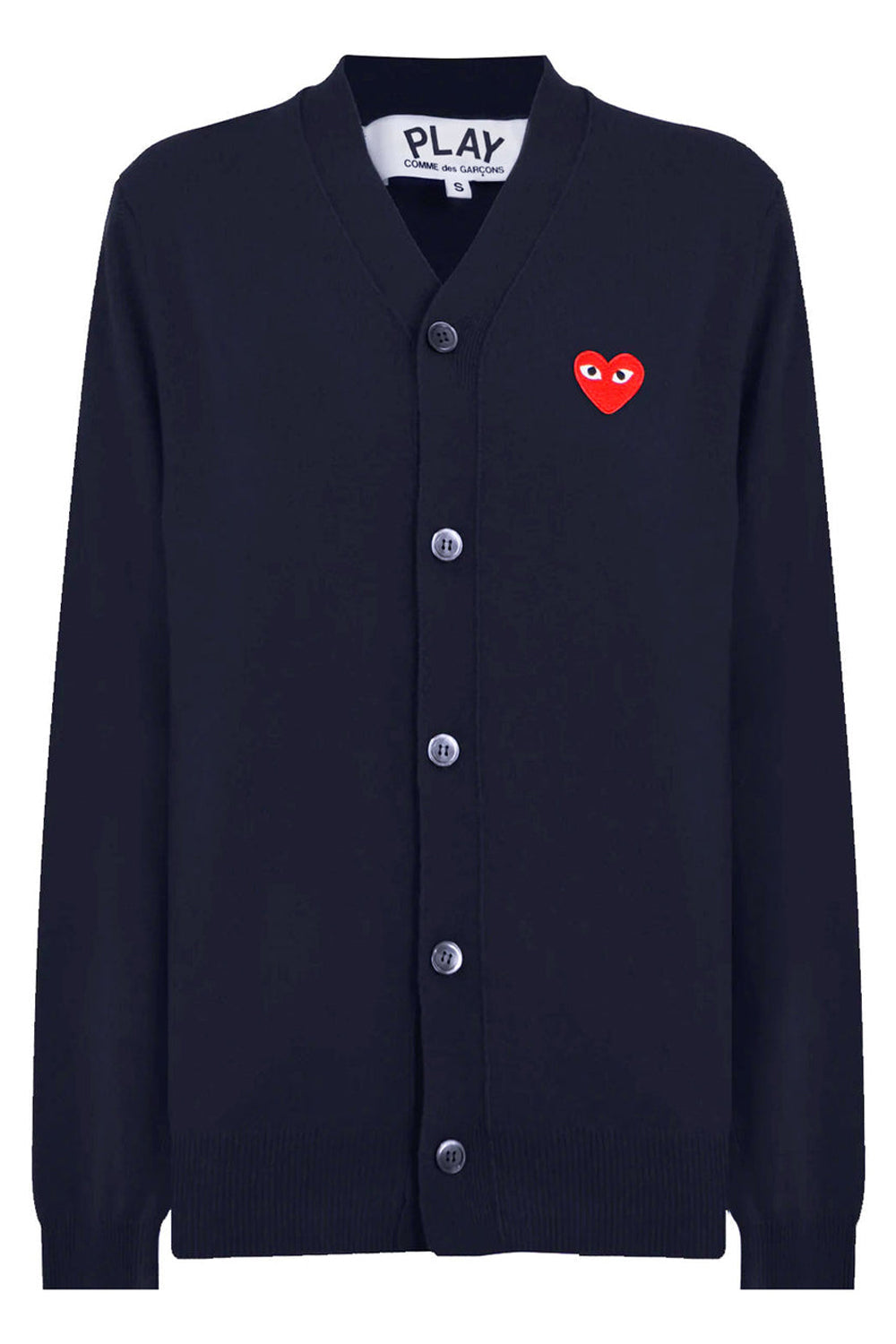 COMME DES GARCONS PLAY RTW PLAY MENS V-NECK SINGLE HEART CARDIGAN | NAVY/RED HEART