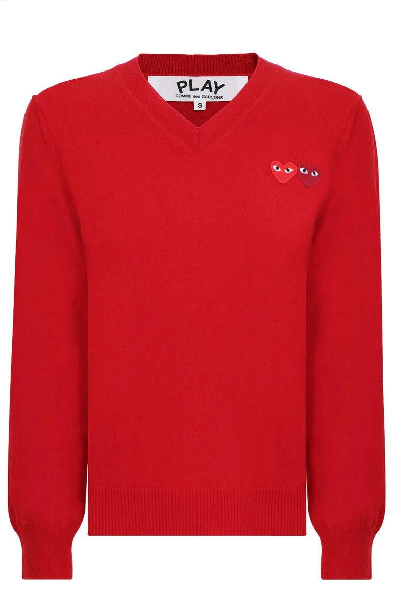 COMME DES GARCONS PLAY RTW PLAY V-NECK PULLOVER DOUBLE HEART RED