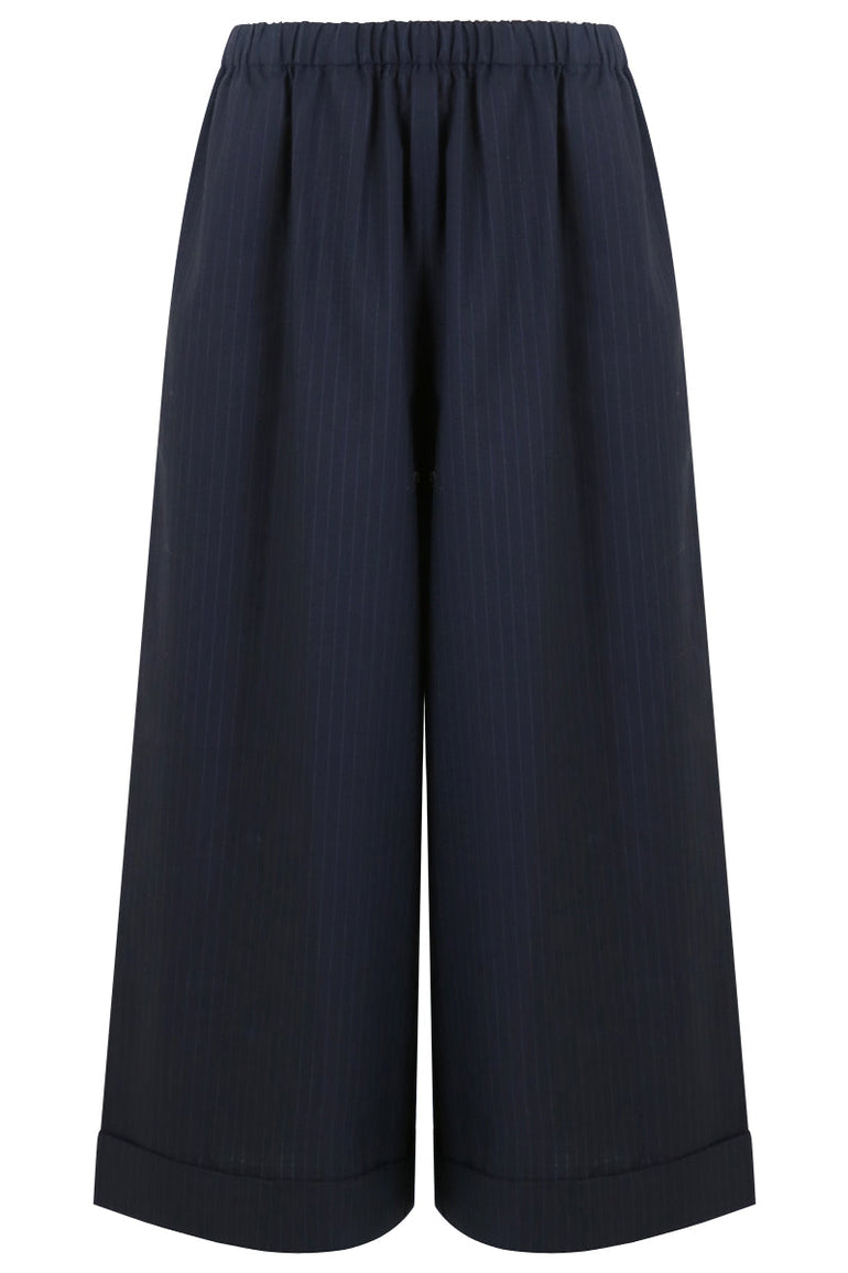 COMME DES GARCONS RTW PINSTRIPE WIDE LEG PANTS NAVY