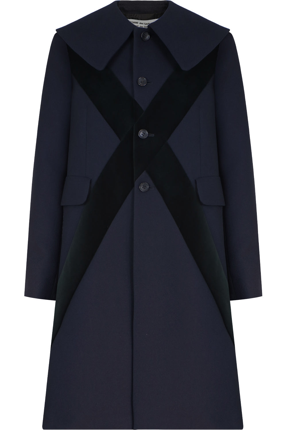 COMME DES GARCONS RTW VELVET CROSS EMBROIDERED COAT NAVY