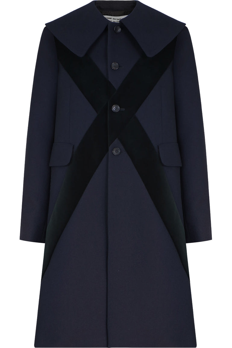 COMME DES GARCONS RTW VELVET CROSS EMBROIDERED COAT NAVY