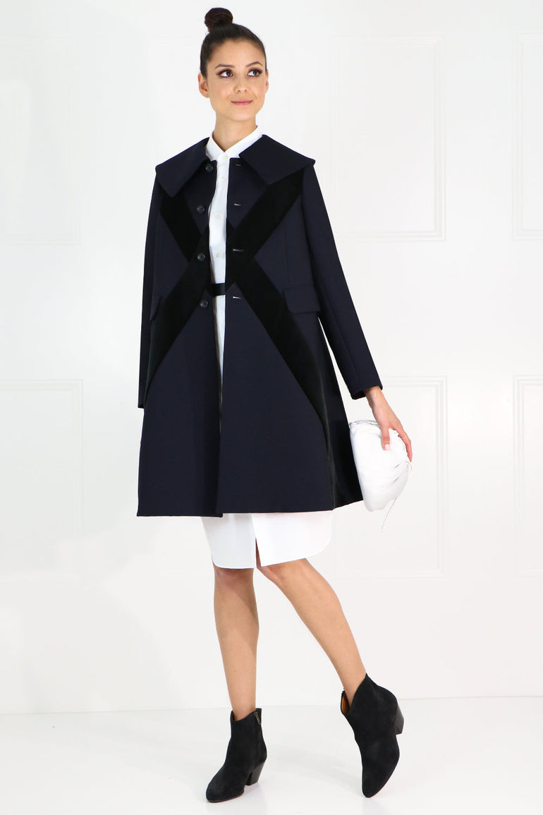COMME DES GARCONS RTW VELVET CROSS EMBROIDERED COAT NAVY