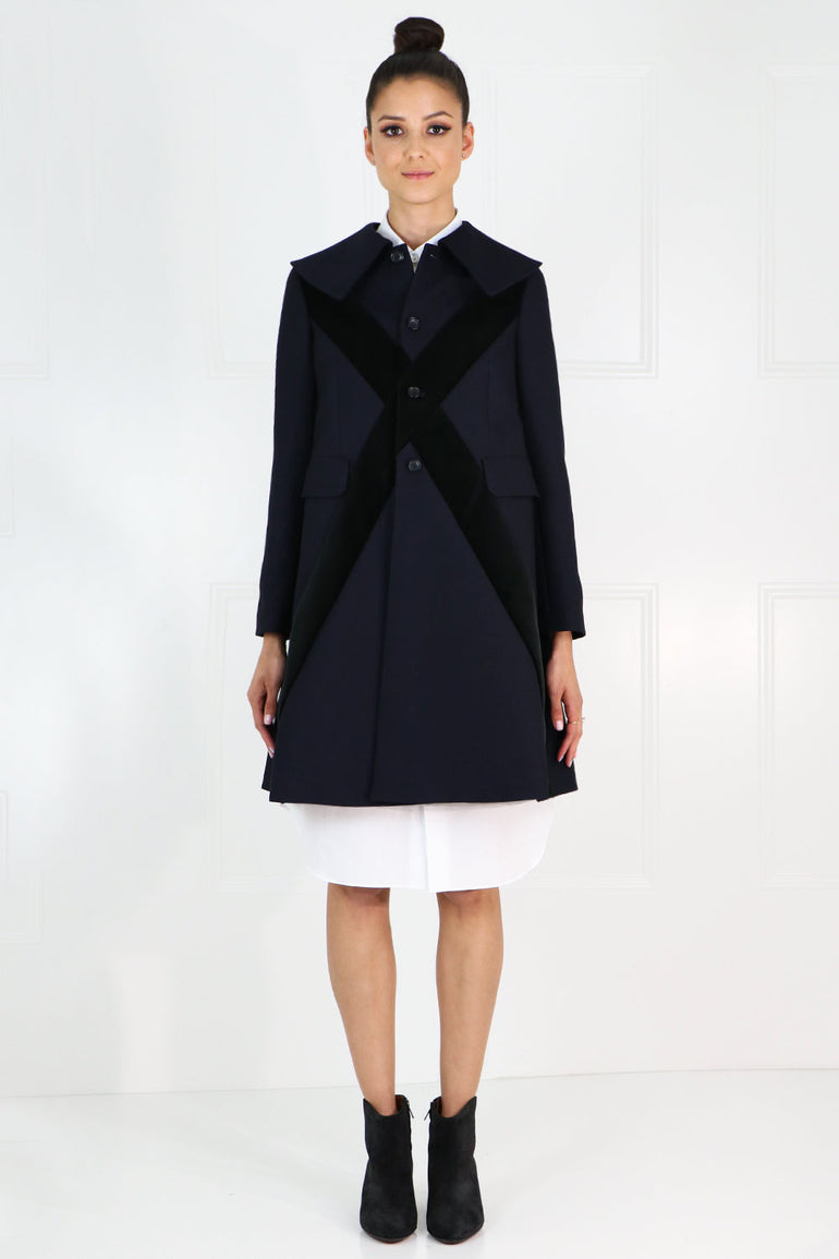 COMME DES GARCONS RTW VELVET CROSS EMBROIDERED COAT NAVY