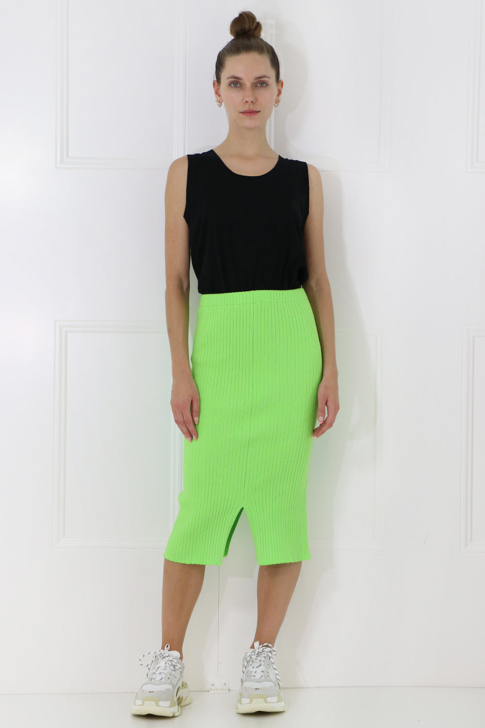 COURREGES RTW RIB KNIT SKIRT WITH SPLIT DAYGLOW GREEN