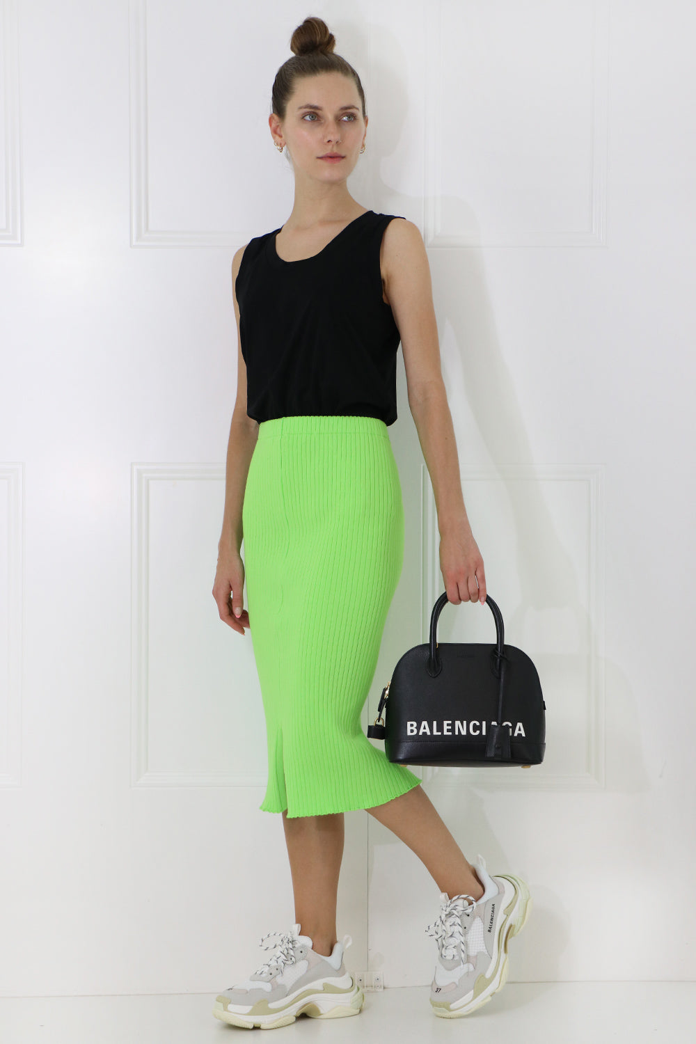 COURREGES RTW RIB KNIT SKIRT WITH SPLIT DAYGLOW GREEN