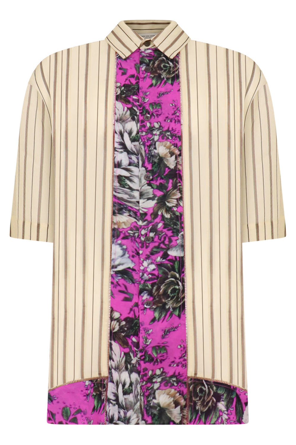 DRIES VAN NOTEN RTW CLASEN CONTRAST FLORAL STRIPE S/SLV SHIRT | ECRU/FUCHSIA