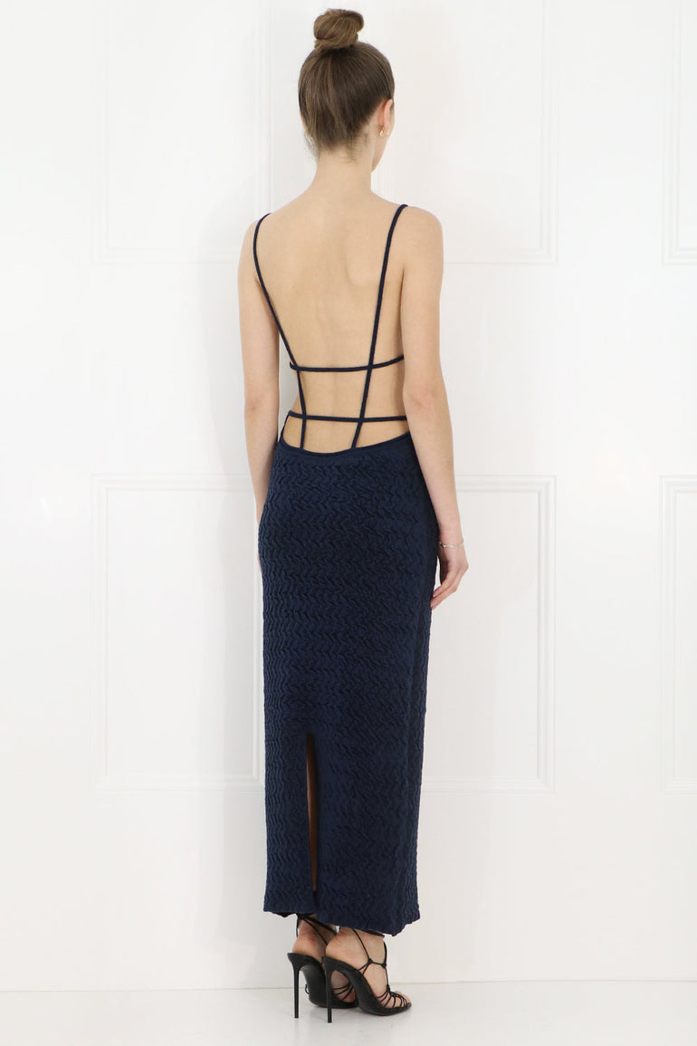 JACQUEMUS RTW LA ROBE MAILLE VELOUR DRESS S/LESS NAVY