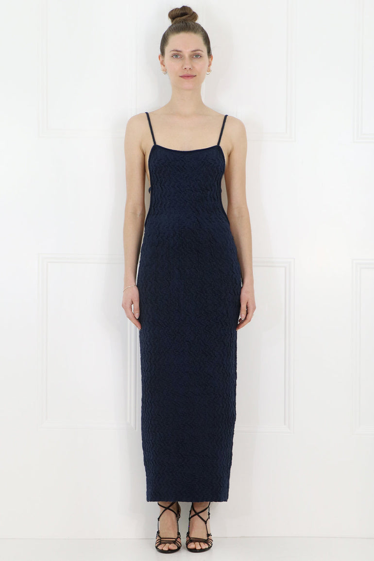 JACQUEMUS RTW LA ROBE MAILLE VELOUR DRESS S/LESS NAVY