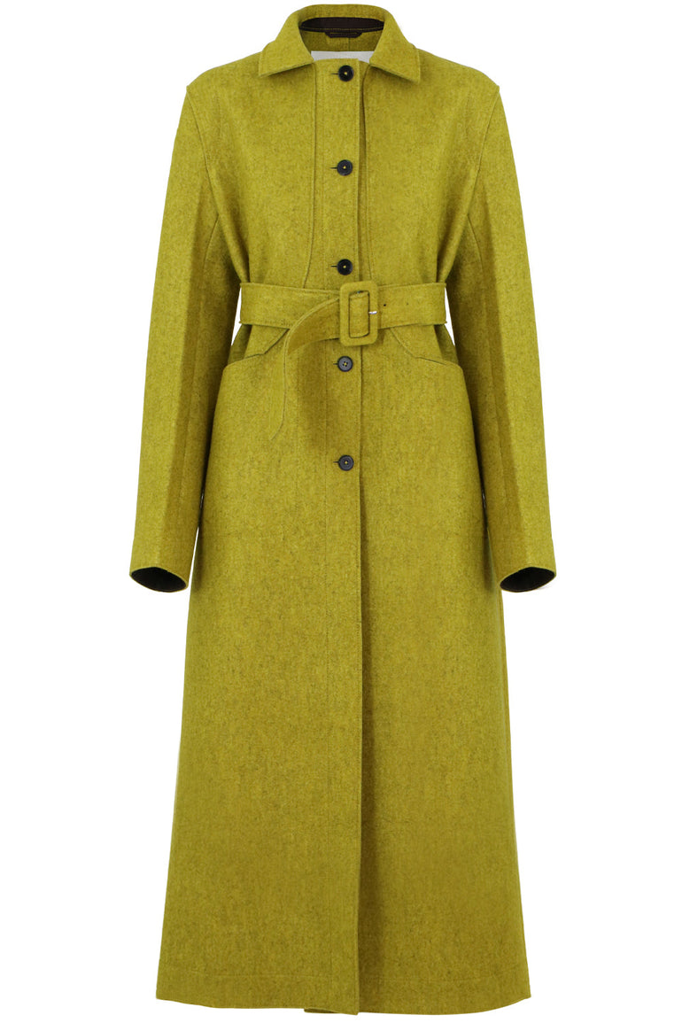 JIL SANDER RTW LONG BELTED COAT OCHRE