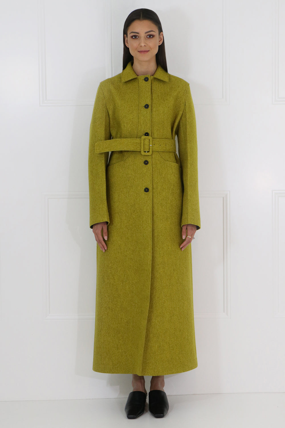 JIL SANDER RTW LONG BELTED COAT OCHRE