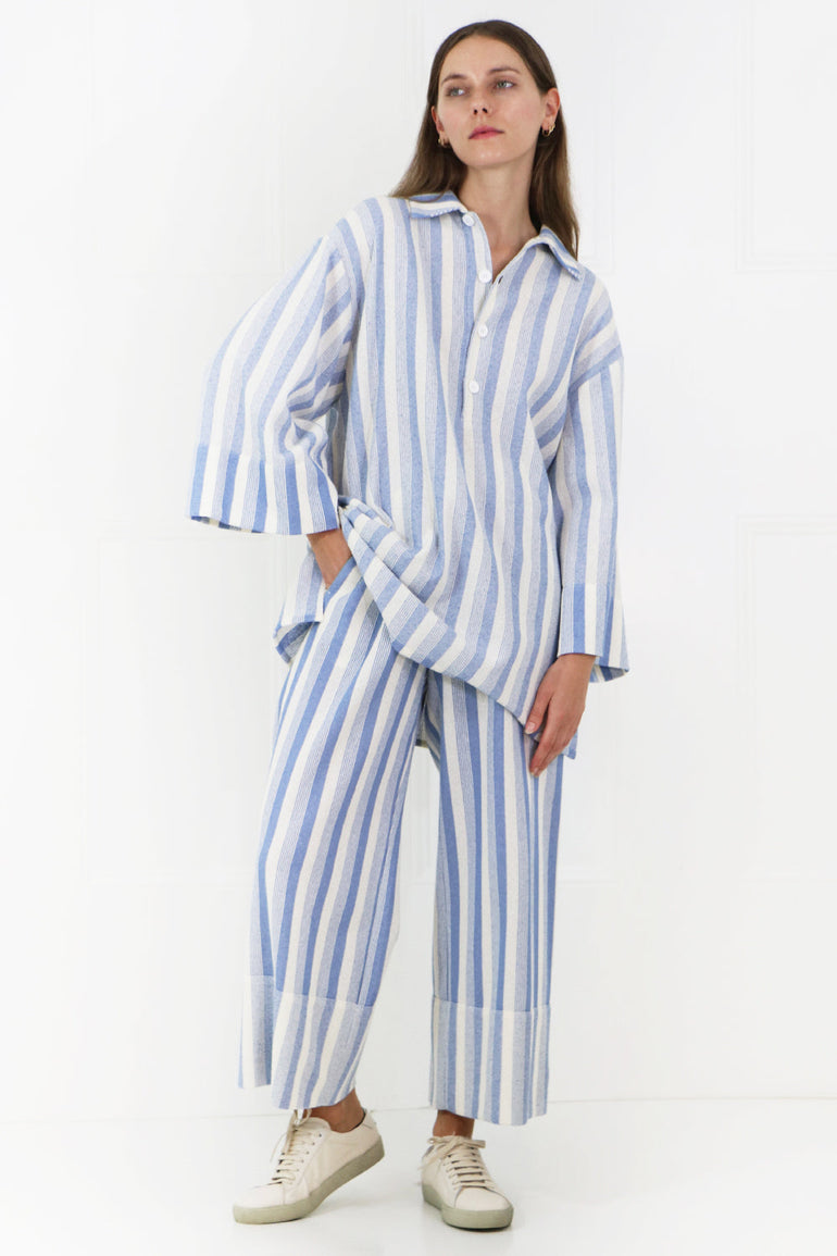 JIL SANDER RTW OVERSIZED STRIPE POLO SHIRT 3/4SL BLUE