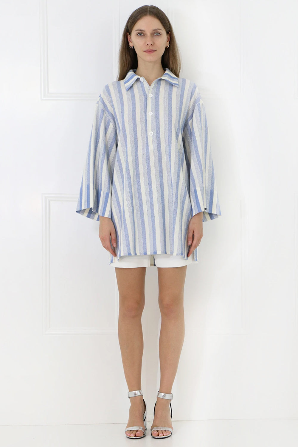 JIL SANDER RTW OVERSIZED STRIPE POLO SHIRT 3/4SL BLUE