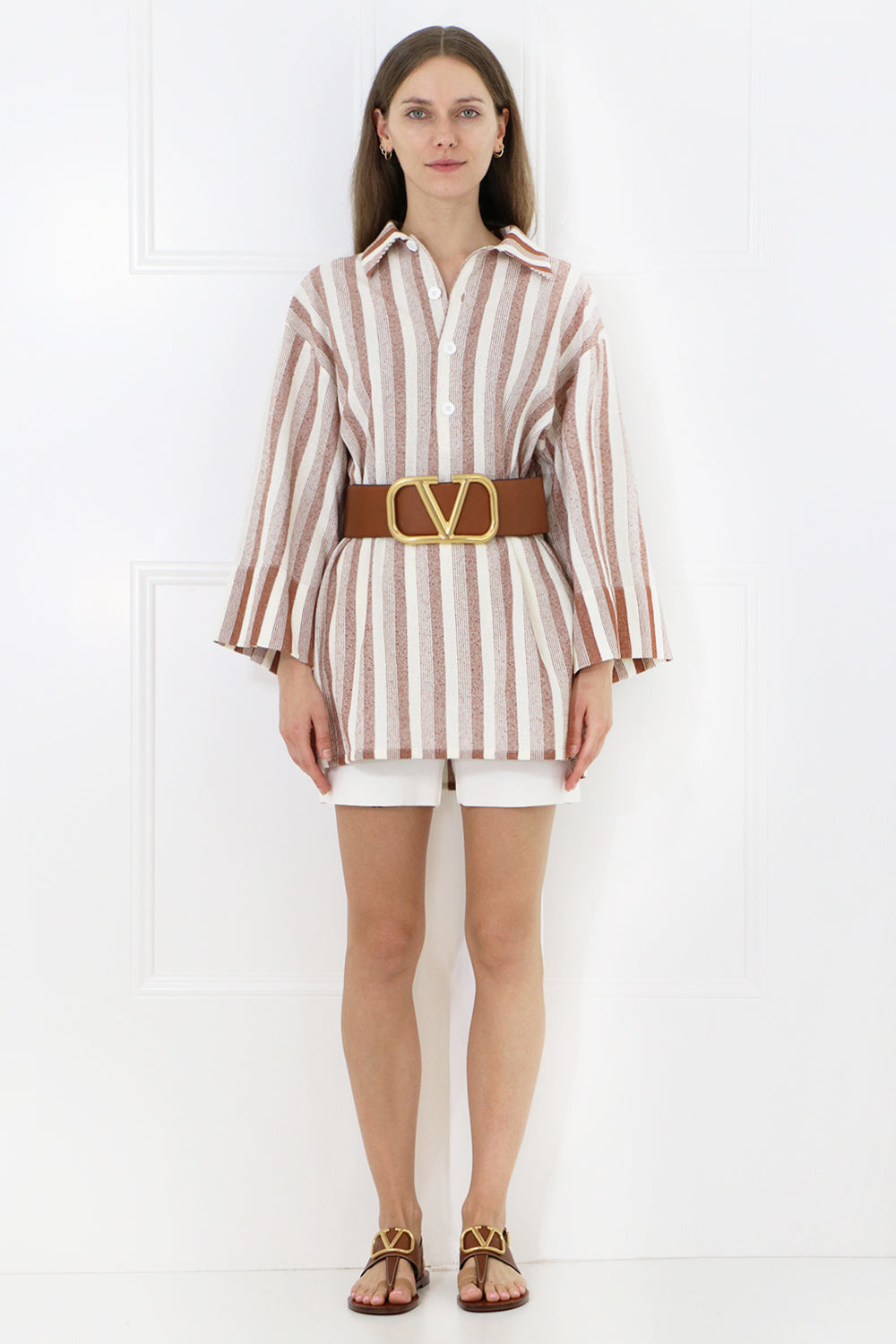 JIL SANDER RTW OVERSIZED STRIPE POLO SHIRT 3/4SL BRICK