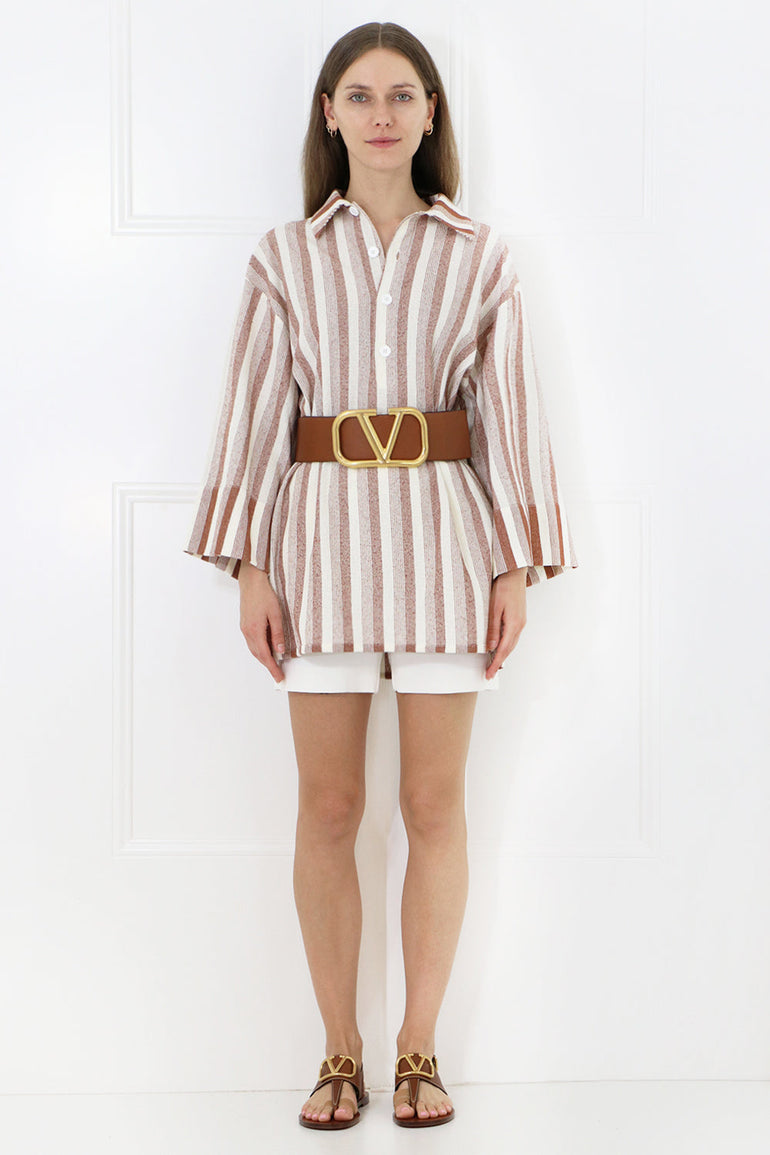 JIL SANDER RTW OVERSIZED STRIPE POLO SHIRT 3/4SL BRICK