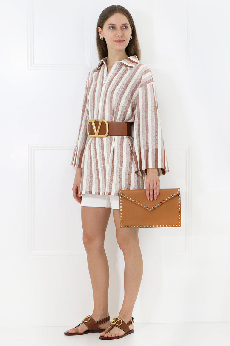 JIL SANDER RTW OVERSIZED STRIPE POLO SHIRT 3/4SL BRICK