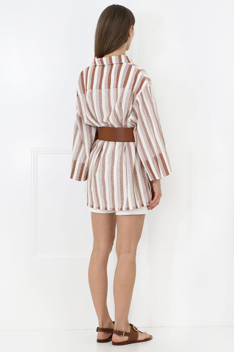 JIL SANDER RTW OVERSIZED STRIPE POLO SHIRT 3/4SL BRICK