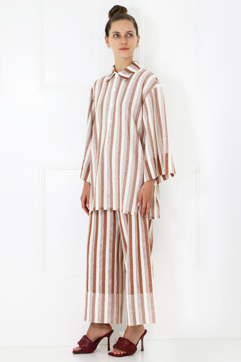 JIL SANDER RTW OVERSIZED STRIPE POLO SHIRT 3/4SL BRICK