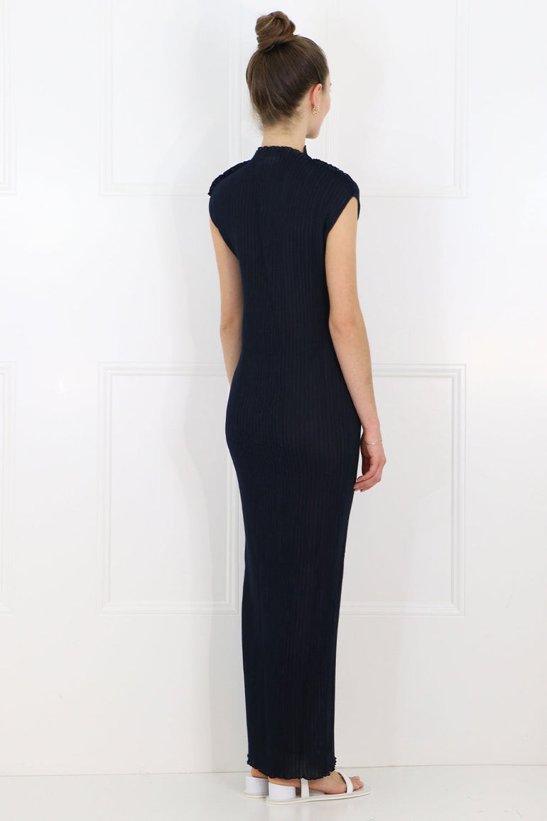 JIL SANDER RTW PLISSE MAXI DRESS CAP/SL NAVY