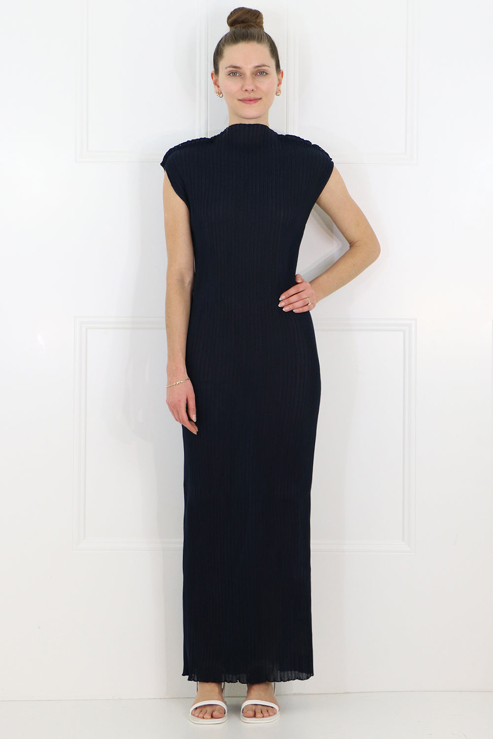JIL SANDER RTW PLISSE MAXI DRESS CAP/SL NAVY