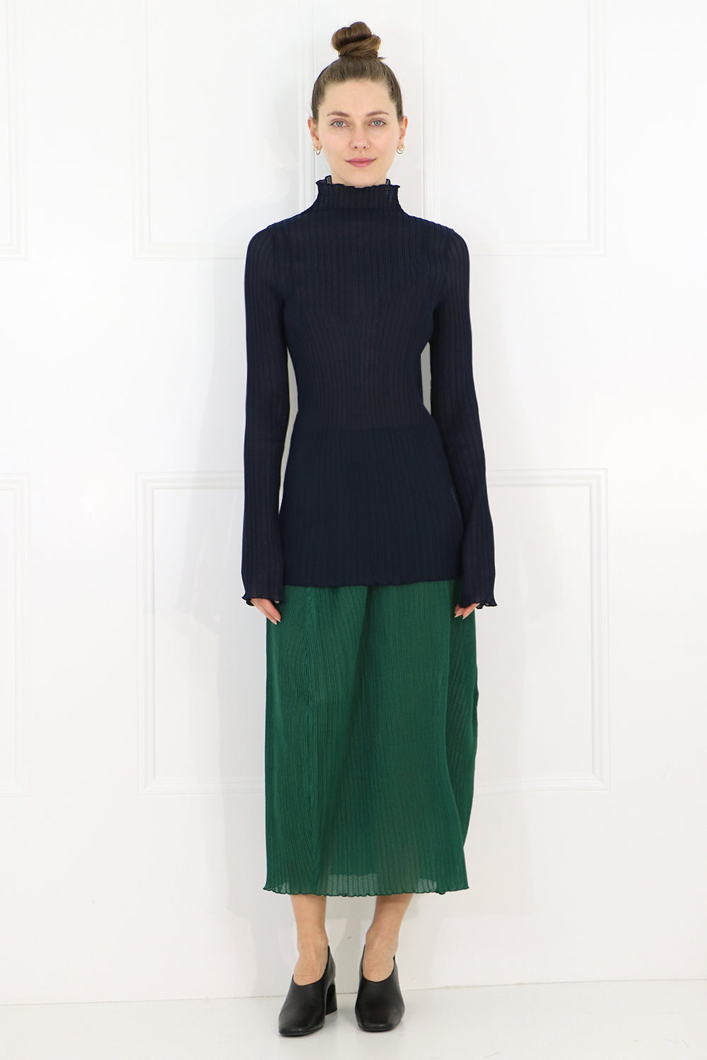 JIL SANDER RTW PLISSE MIDI SKIRT GREEN