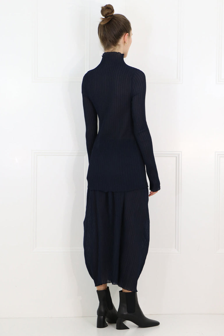 JIL SANDER RTW PLISSE MIDI SKIRT NAVY