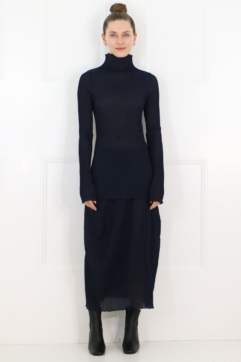 JIL SANDER RTW PLISSE MIDI SKIRT NAVY
