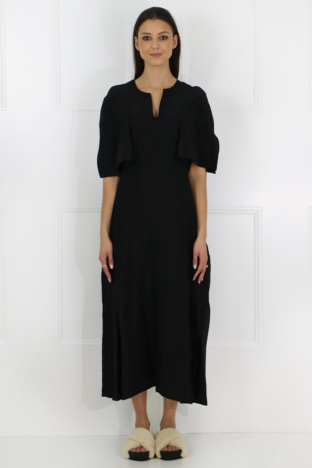 JIL SANDER RTW SIDE PLEAT MAXI DRESS S/S BLACK