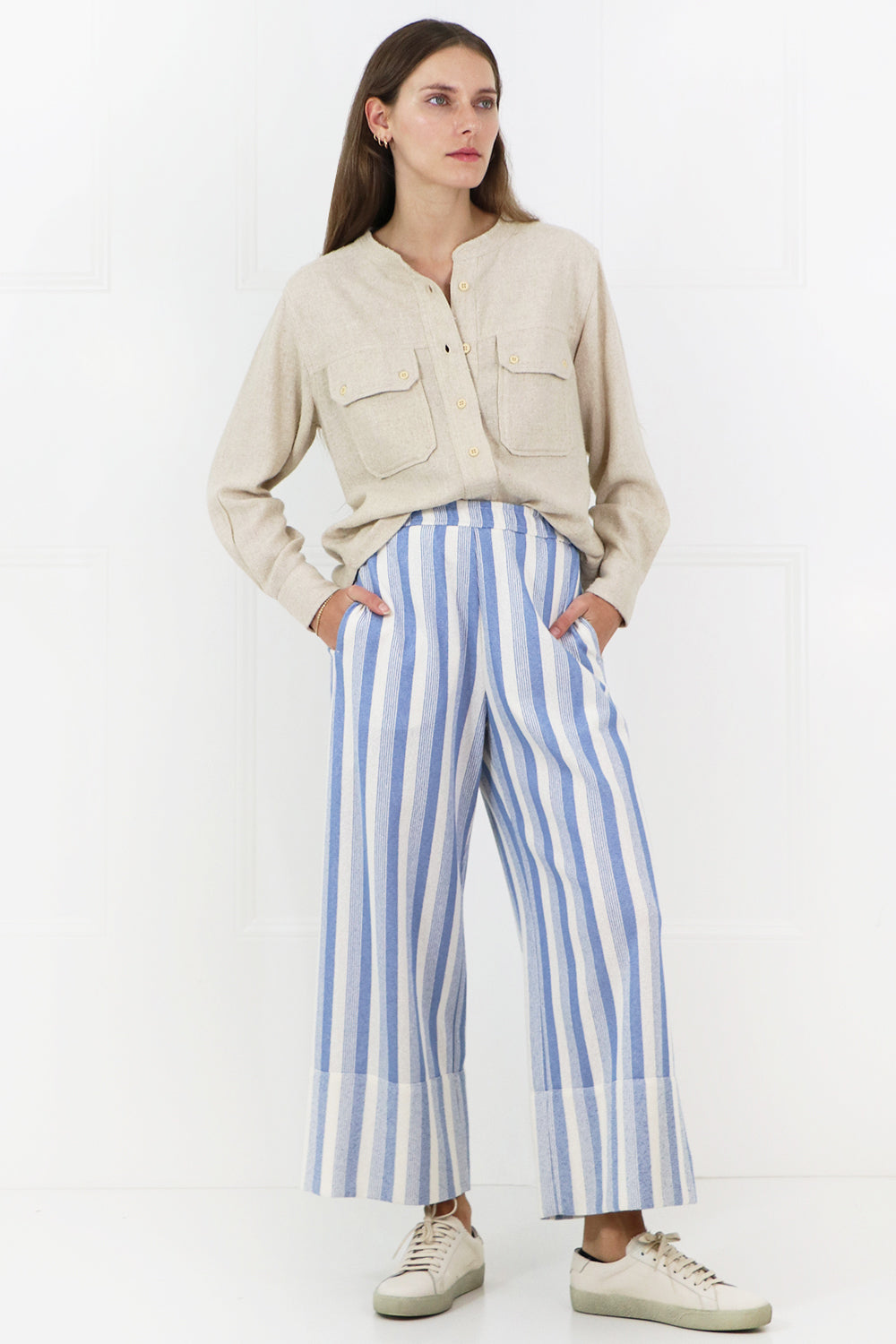 JIL SANDER RTW STRIPED CROPPED PANTS BLUE